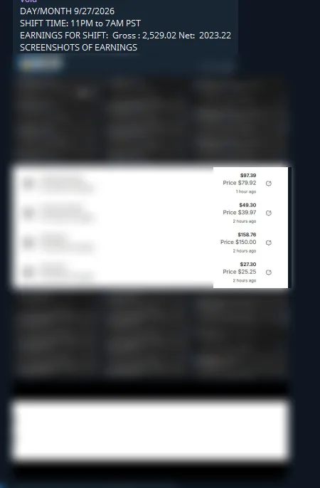 Chatting OS chatter end-of-shift earnings report showing $2,529 in one 8-hour shift