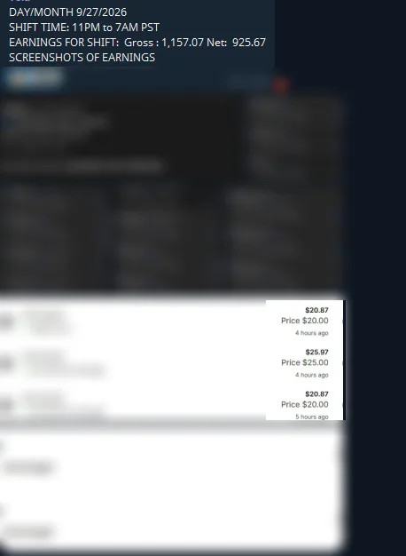 Chatting OS chatter end-of-shift earnings report showing $1,157 in one 8-hour shift