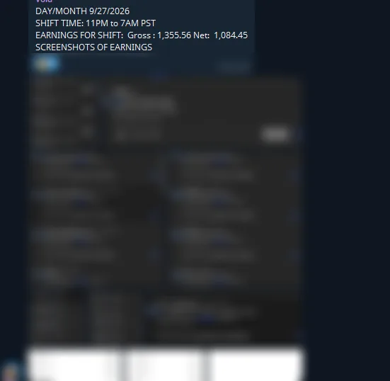 Chatting OS chatter end-of-shift earnings report showing $1,355 in one 8-hour shift